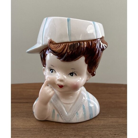 Relpo Little Boy Head Vase 5715 Vintage Baseball Cap Hat Blue Ivory Japan - Picture 1 of 5